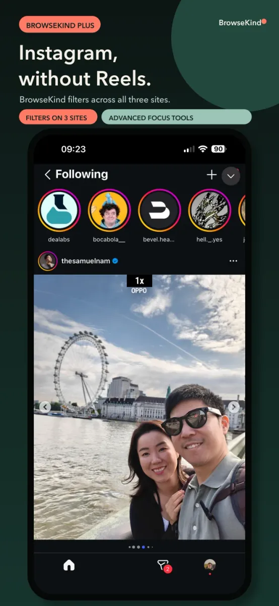 BrowseKind Plus on iPhone showing Instagram's Following feed without Reels