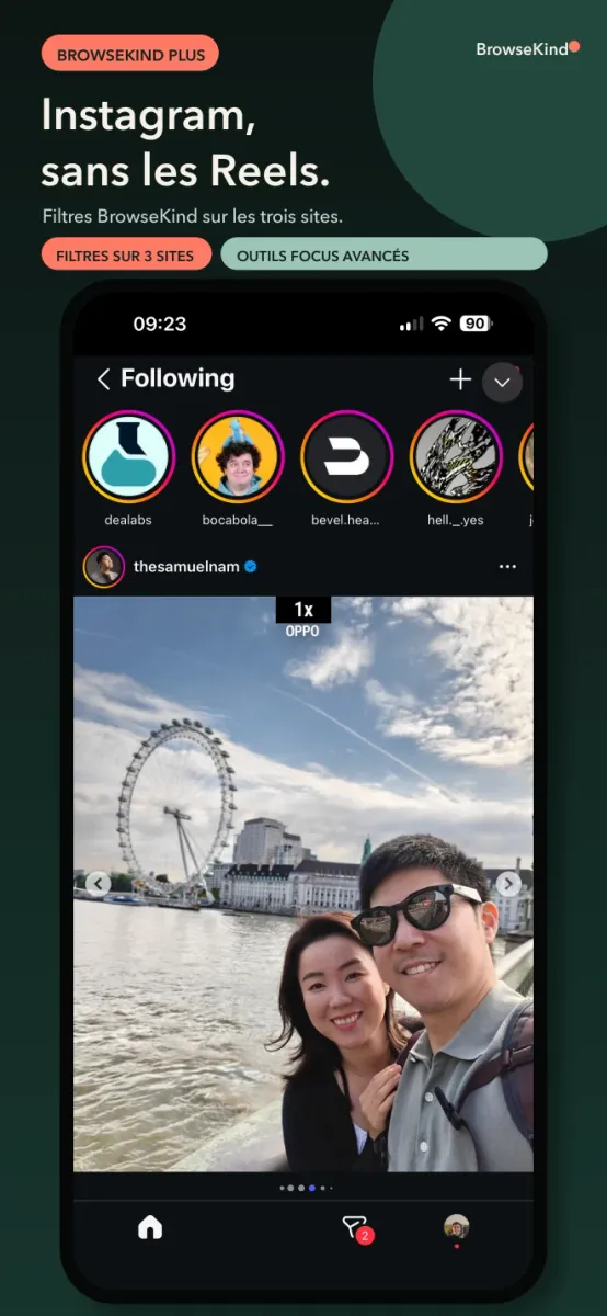 BrowseKind Plus sur iPhone affichant le fil Abonnements d’Instagram sans les Reels