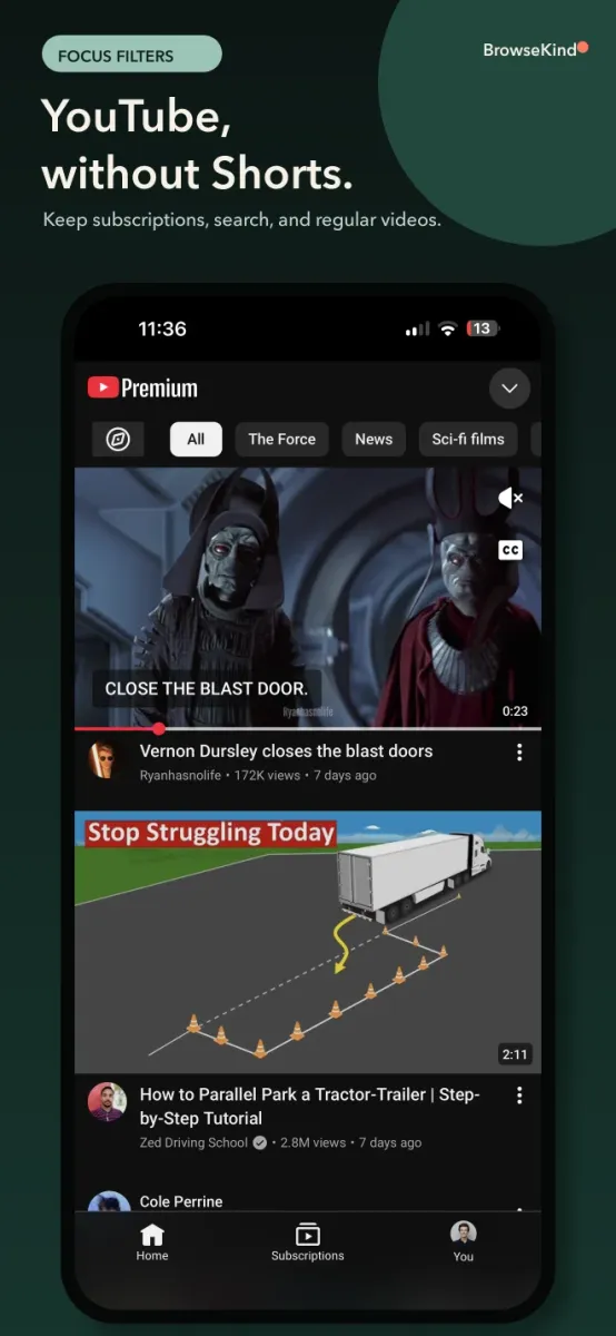 BrowseKind on iPhone showing YouTube with Shorts removed from the navigation and feed