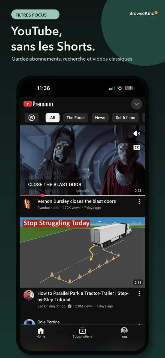 BrowseKind sur iPhone affichant YouTube sans les Shorts dans la navigation et le fil