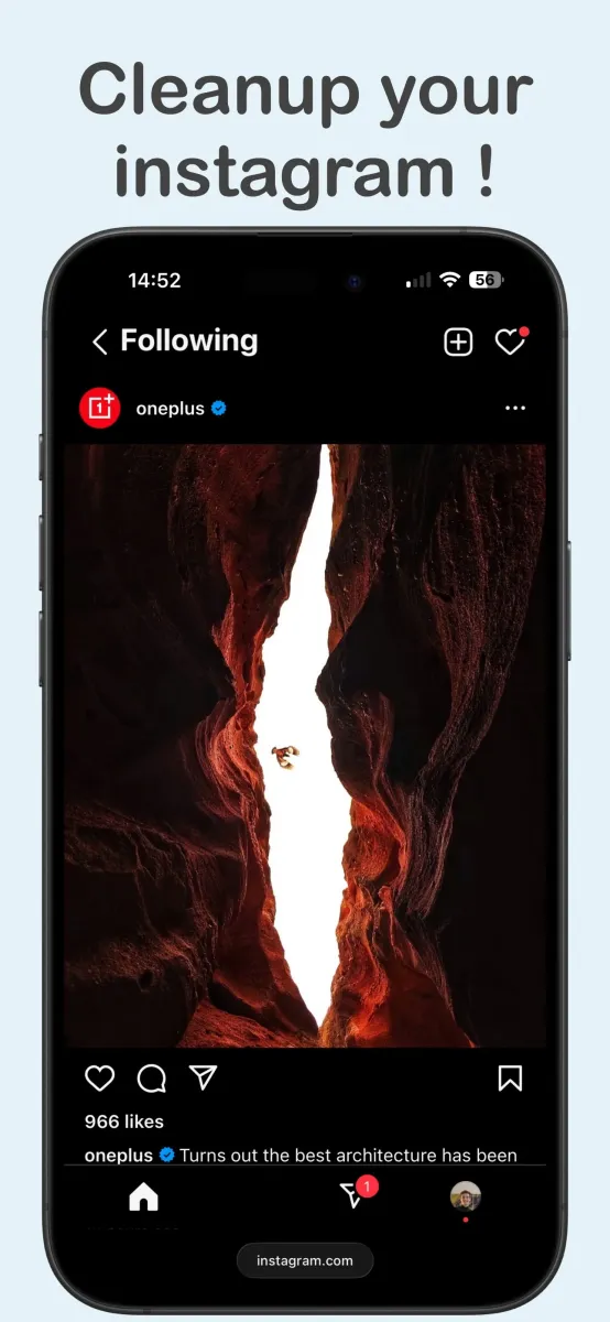 Instagram feed in Safari on iPhone after No Reel removes Reels and Stories distractions