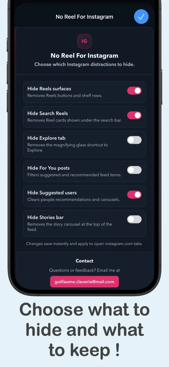 No Reel settings on iPhone with controls for Instagram Reels, Explore, Stories, and suggestions