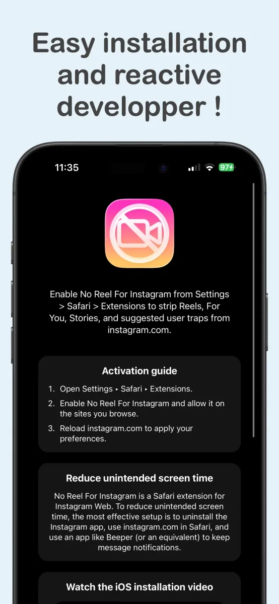 No Reel activation guide for enabling the Instagram Safari extension on iPhone