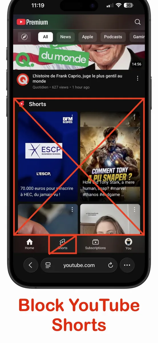 No Shorts on iPhone — screenshot 2